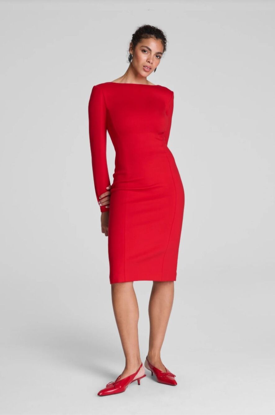 Spanx Women’s Ponte Knit Red Long Sleeve Low Back Midi Dress - Picture 3 of 15